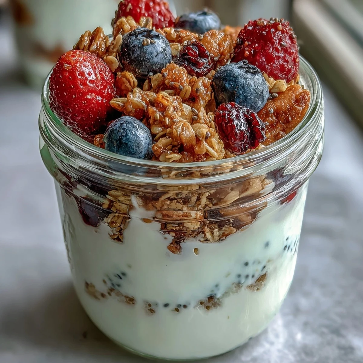 Creamy Greek yogurt topped with juicy mixed berries and a golden granola crumble for a satisfying breakfast treat.
