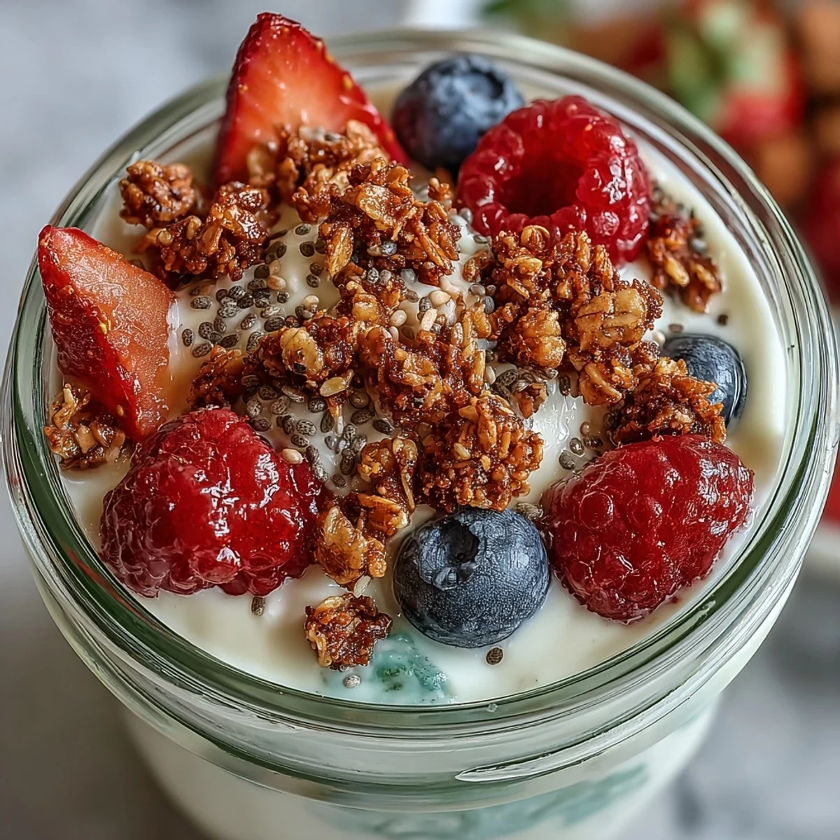 A vibrant Greek yogurt berry parfait layered with fresh strawberries, blueberries, and crunchy granola crumble.