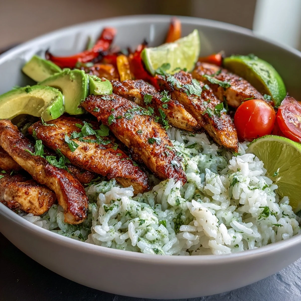 Skinny Chicken Fajita Meal Prep Bowls with Cilantro-Lime Rice featuring tender chicken, colorful peppers, and fresh avocado slices.