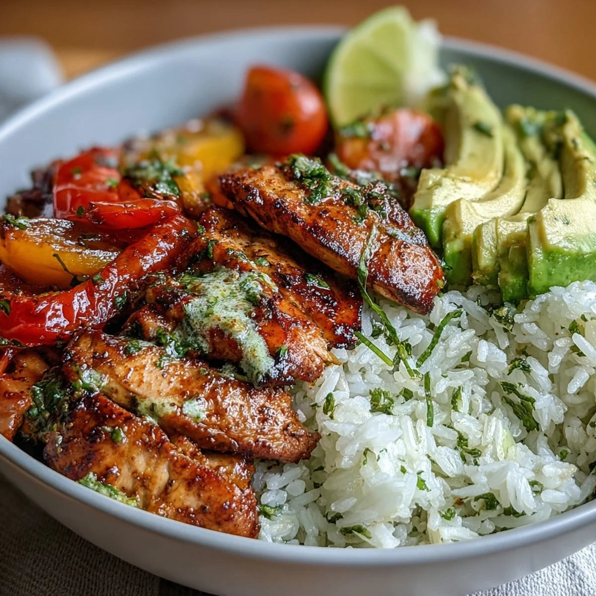 Healthy Chicken Fajita Meal Prep Bowls with Cilantro-Lime Rice served in containers, perfect for nutritious lunches or dinners.