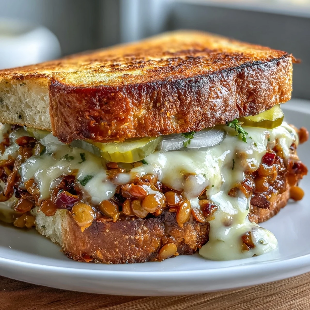 Comforting vegan cheeseburger lentil sloppy joes on golden toasted sourdough, finished with tangy pickles and onions.