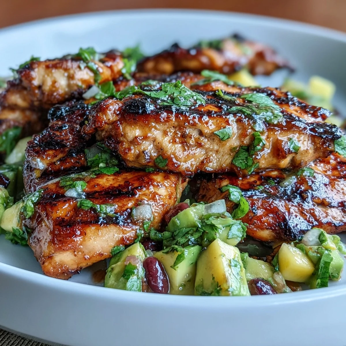 Colorful Mango Avocado Salsa Chicken Bowls featuring juicy chicken, sweet mango salsa, creamy avocado, and wholesome brown rice for a nourishing meal.