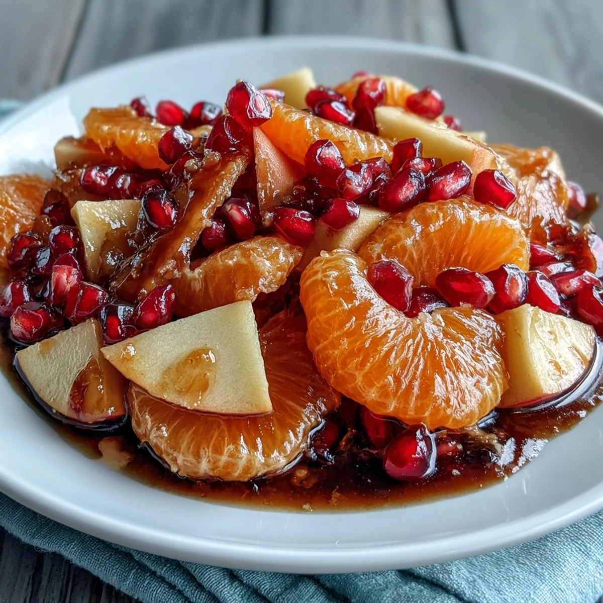 Winter Fruit Salad with Cinnamon Vanilla Dressing - a colorful bowl of fresh mandarin oranges, apples, and pomegranate arils tossed in a fragrant cinnamon vanilla syrup.  