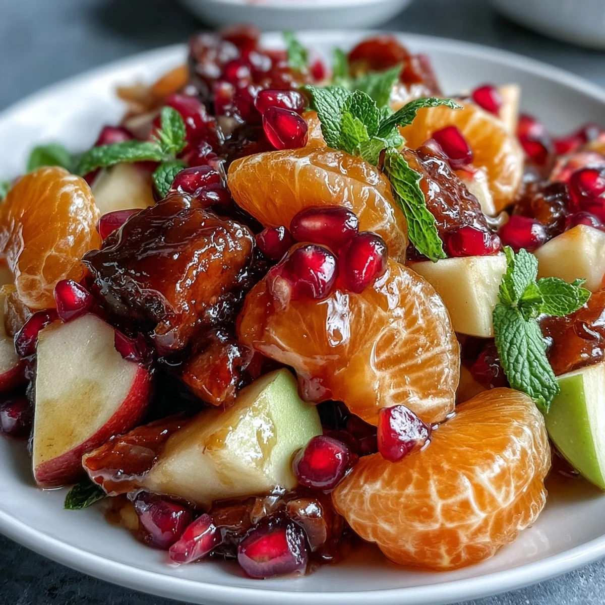 A vibrant holiday fruit salad featuring crisp Fuji apples, juicy mandarins, and ruby-red pomegranate seeds, all coated in warm spiced dressing.  