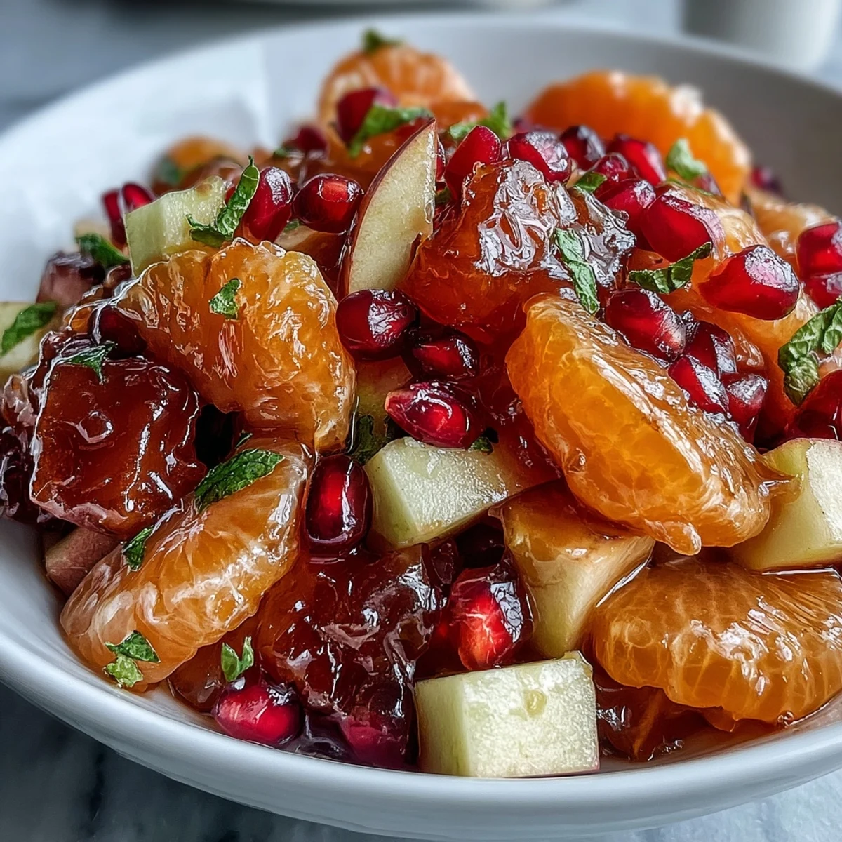 Festive winter fruit salad with sweet cinnamon vanilla dressing, showcasing fresh seasonal produce in a beautiful, shareable holiday side dish.