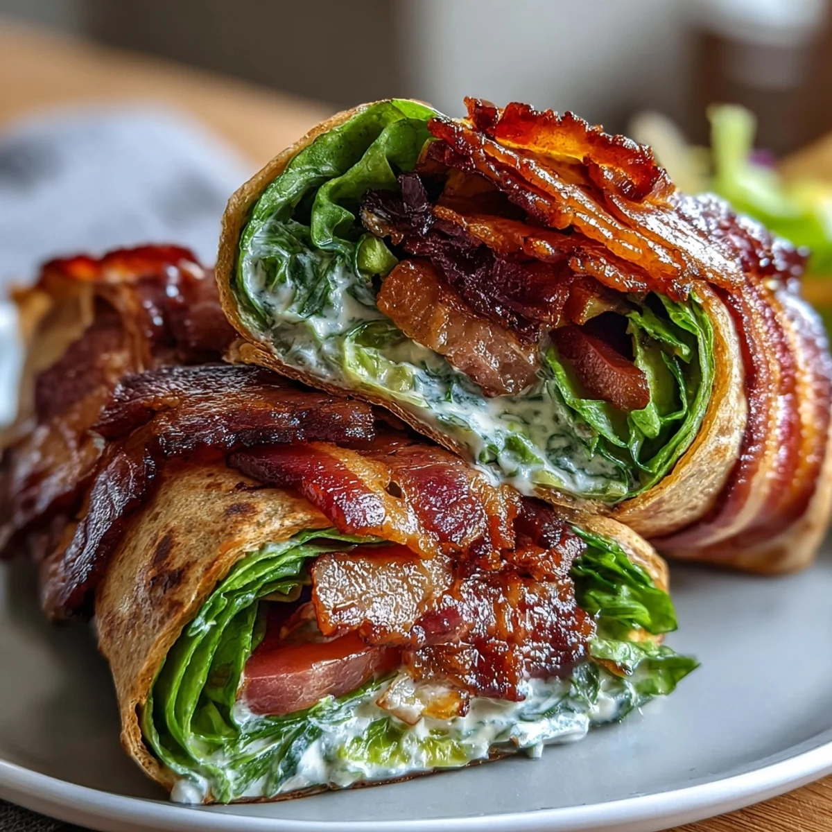 A delicious twist on the classic BLT, these wraps feature juicy tomatoes, crunchy lettuce, and savory bacon in a creamy sauce.