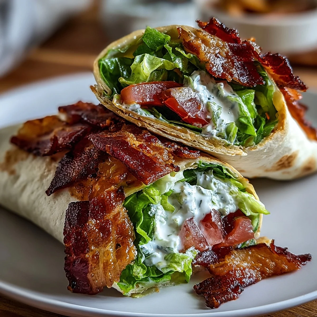 Gourmet BLT Wraps with Secret Sauce: crispy bacon, fresh lettuce, and marinated tomatoes wrapped in a low-carb tortilla with tangy sauce.