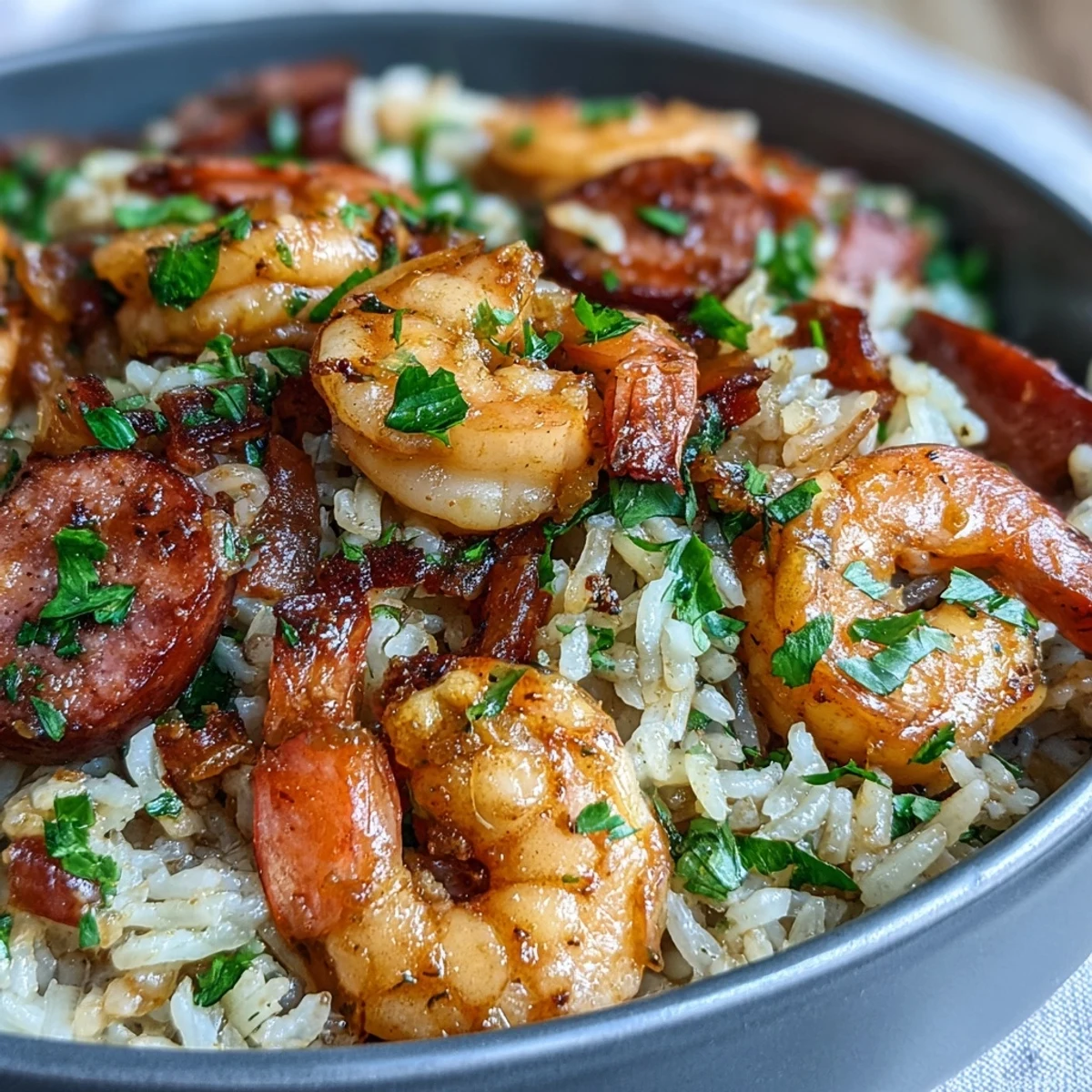 A steaming bowl of Cajun dirty rice with juicy shrimp and spicy sausage, packed with bold Southern flavors and vibrant vegetables.  