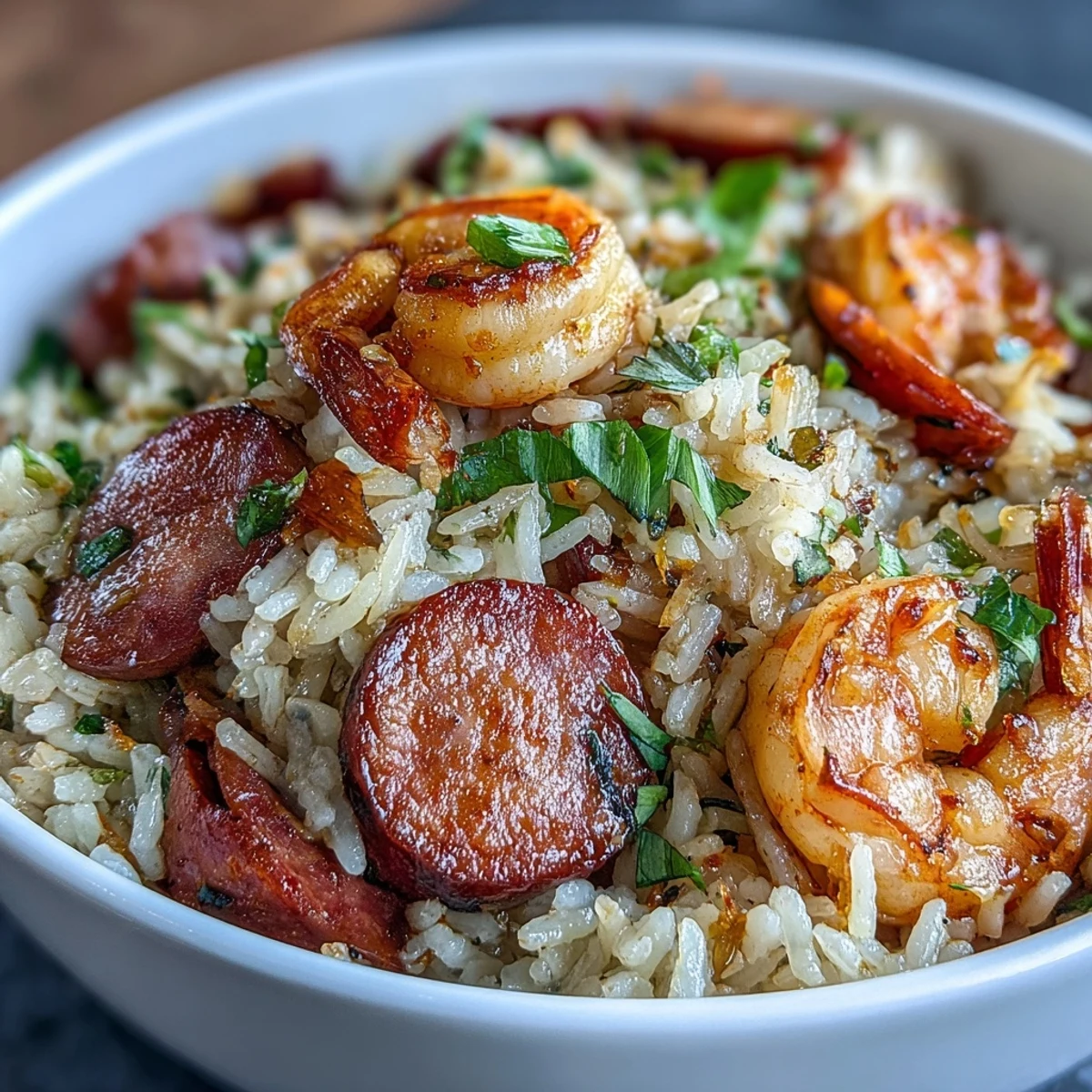 Rustic Cajun dirty rice featuring succulent shrimp, smoky sausage, and seasoned vegetables, served hot and garnished with fresh spring onions.