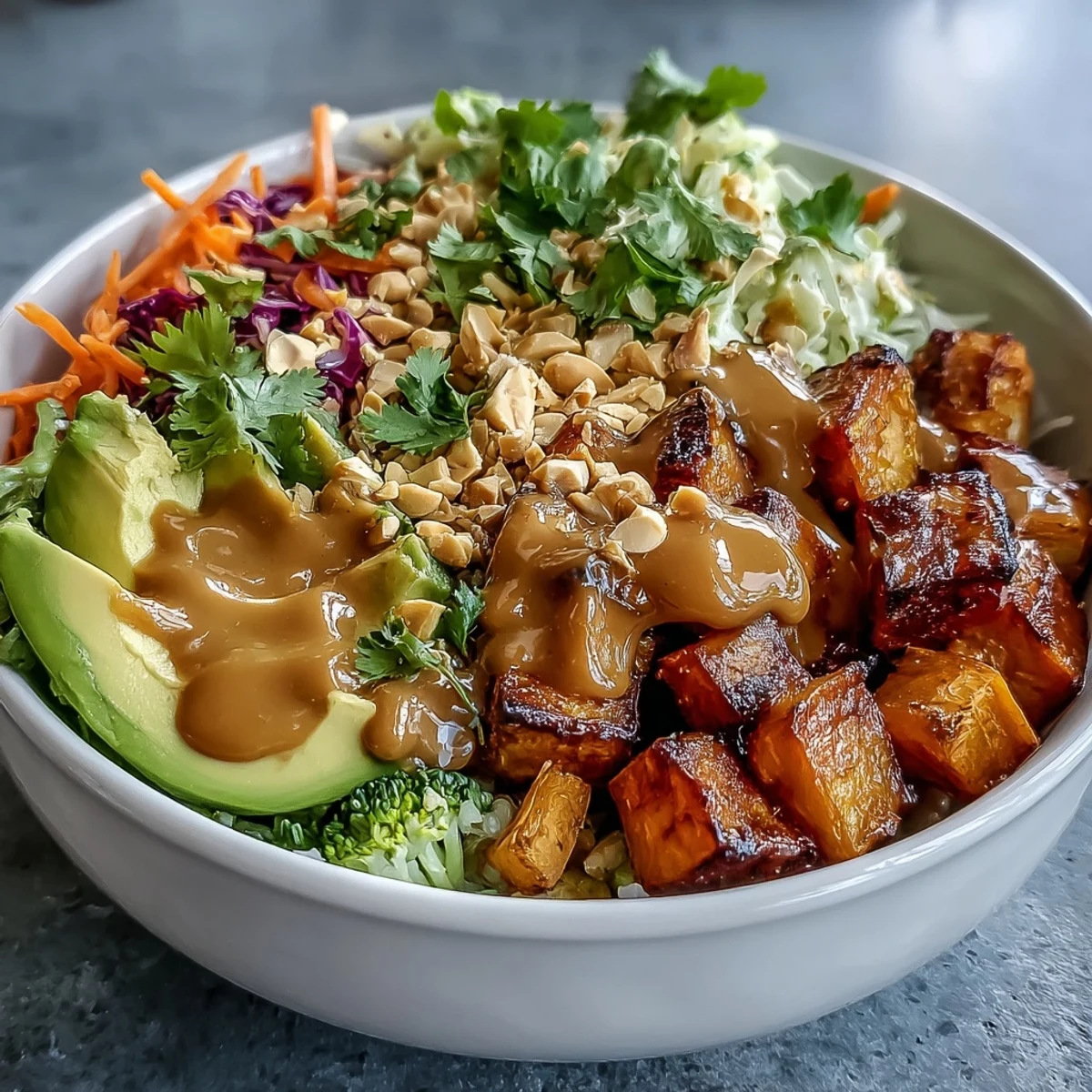 Nourishing Buddha bowl featuring roasted sweet potatoes, colorful veggies, and rich Thai peanut sauce for a satisfying lunch.  