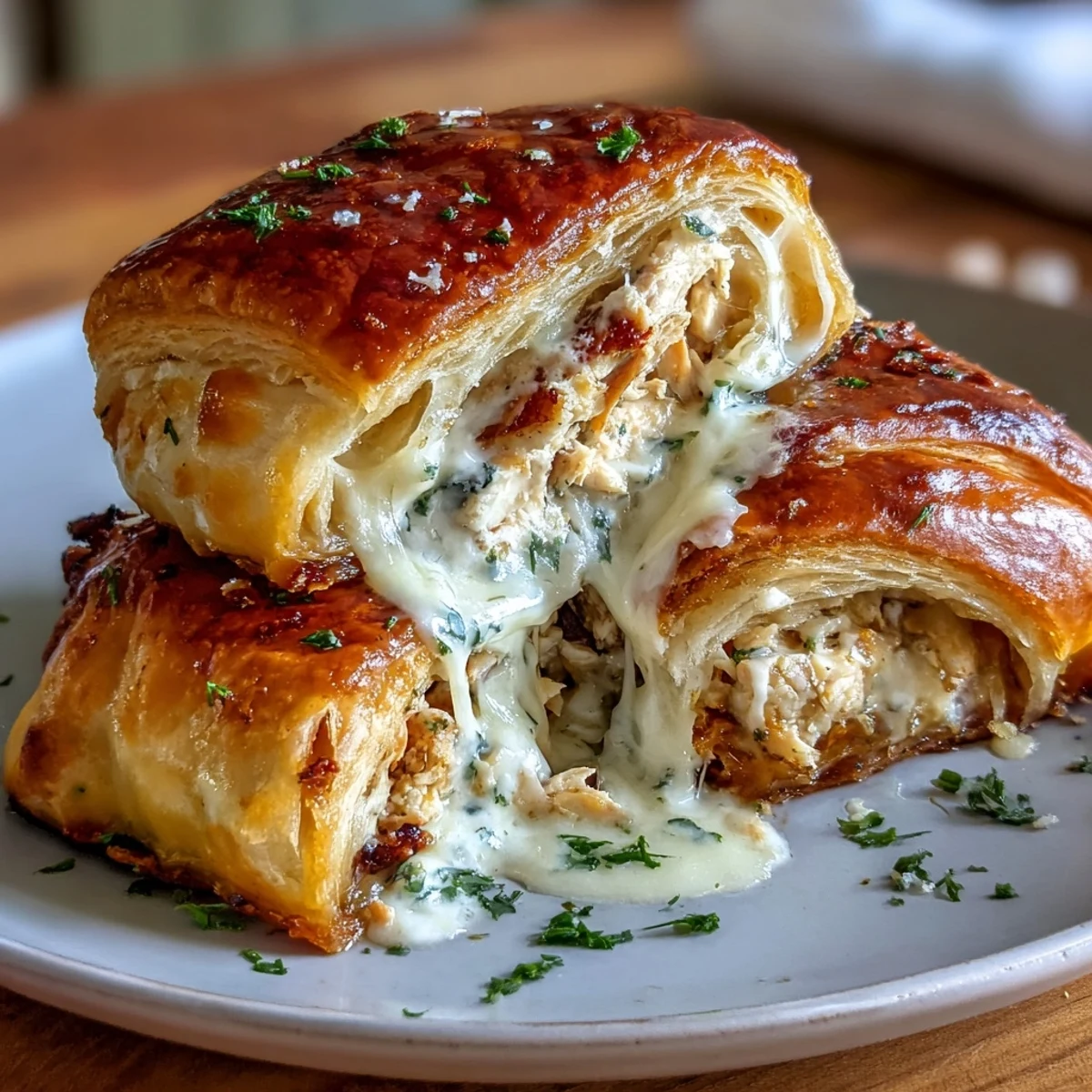 Decadent Chicken Pillows with Garlic Parmesan Sauce: golden-baked crescent pillows stuffed with creamy chicken filling and topped with buttery garlic sauce.