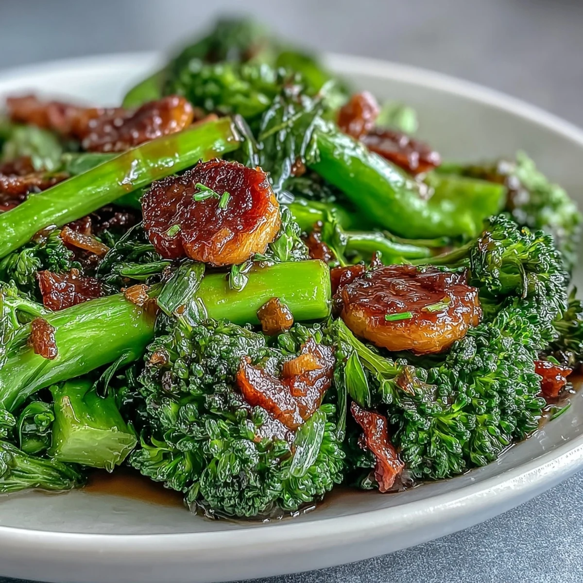 1. Vibrant broccoli florets tossed in a rich garlic sauce and topped with crispy bacon bits for a savory, Asian-inspired side dish.