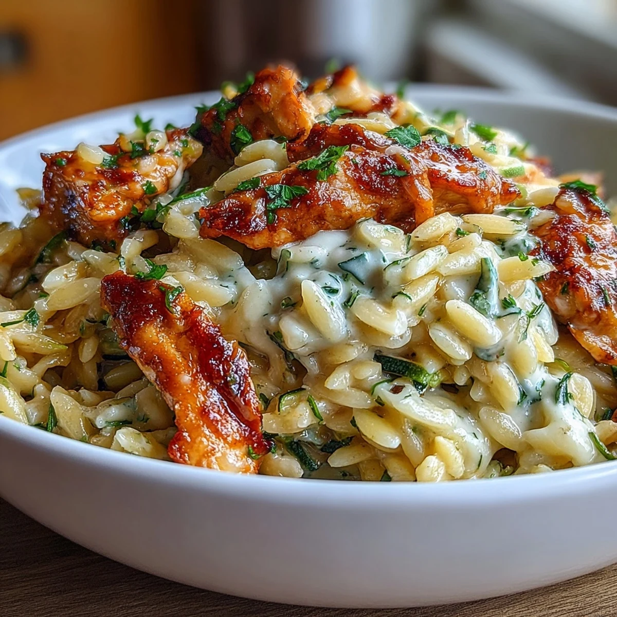 Creamy Boursin cheese melts over orzo pasta and juicy chicken strips, surrounded by sautéed zucchini and bell peppers in a hearty bake.  