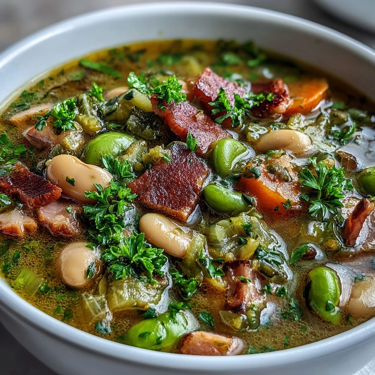 Hearty bowl of ham and lima bean soup with tender chunks of ham and creamy beans in a savory broth.  