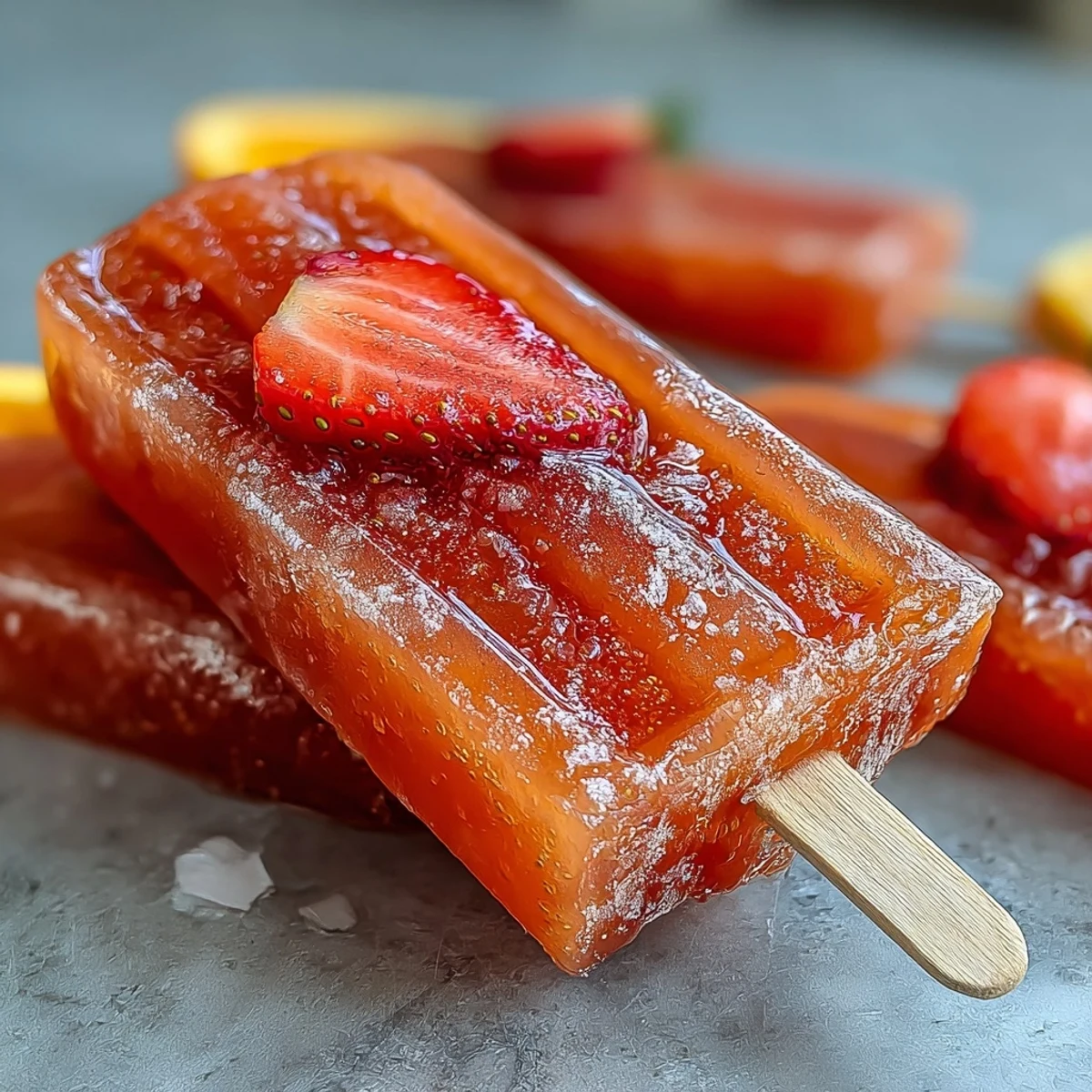 Easy sparkling wine popsicles featuring fresh strawberries, orange juice, and optional edible flower garnish.