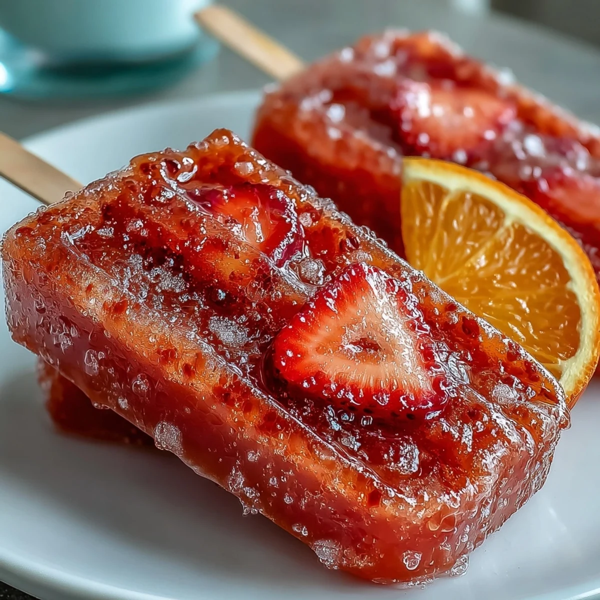 Vibrant strawberry and orange juice popsicles infused with Prosecco, perfect for Galentine's brunch celebrations.  