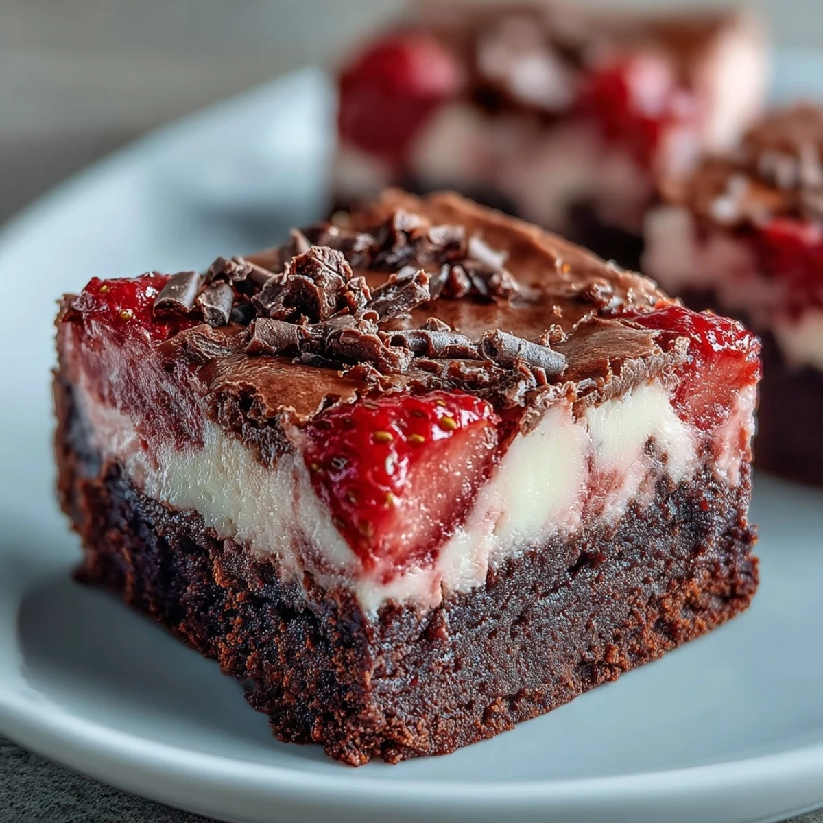 Fudgy brownies topped with luscious strawberry cheesecake, garnished with fresh strawberries for a festive Valentine's Day treat.  