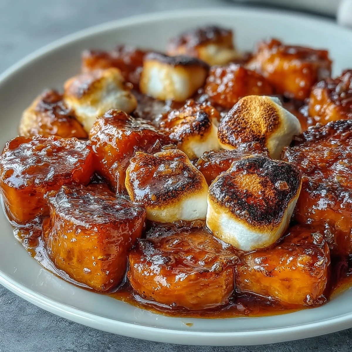 Candied yams with marshmallow and vanilla, baked until golden and bubbling in a buttery brown sugar glaze.  