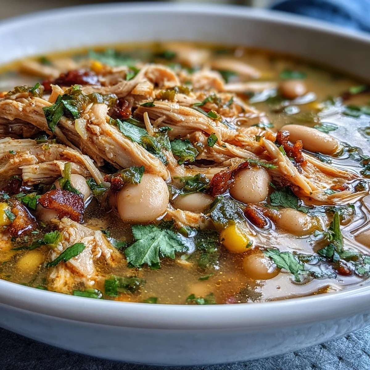Creamy white bean chicken chili topped with fresh cilantro, avocado slices, and a dollop of Greek yogurt for a comforting meal.