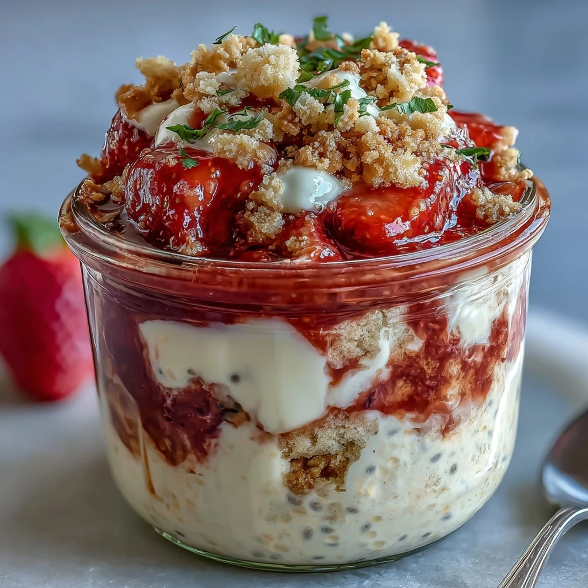 Layered mason jar breakfast featuring strawberry cheesecake overnight oats with chia seeds, Greek yogurt, and crunchy graham cracker topping.  