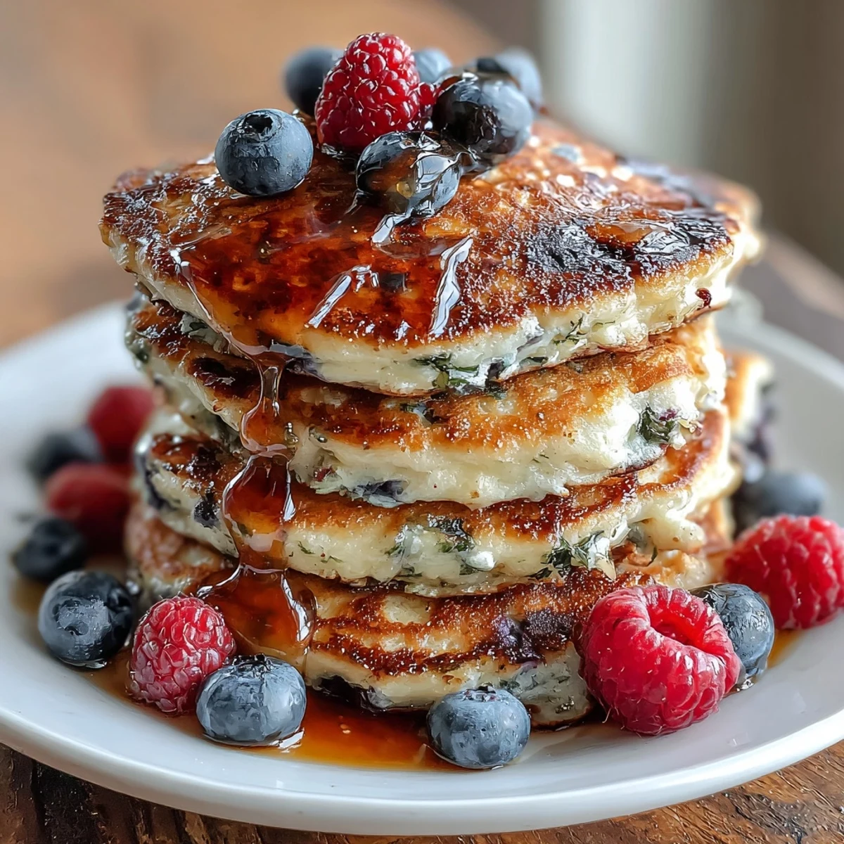 Fluffy protein pancakes made with cottage cheese and fresh mixed berries, stacked high and ready to serve.