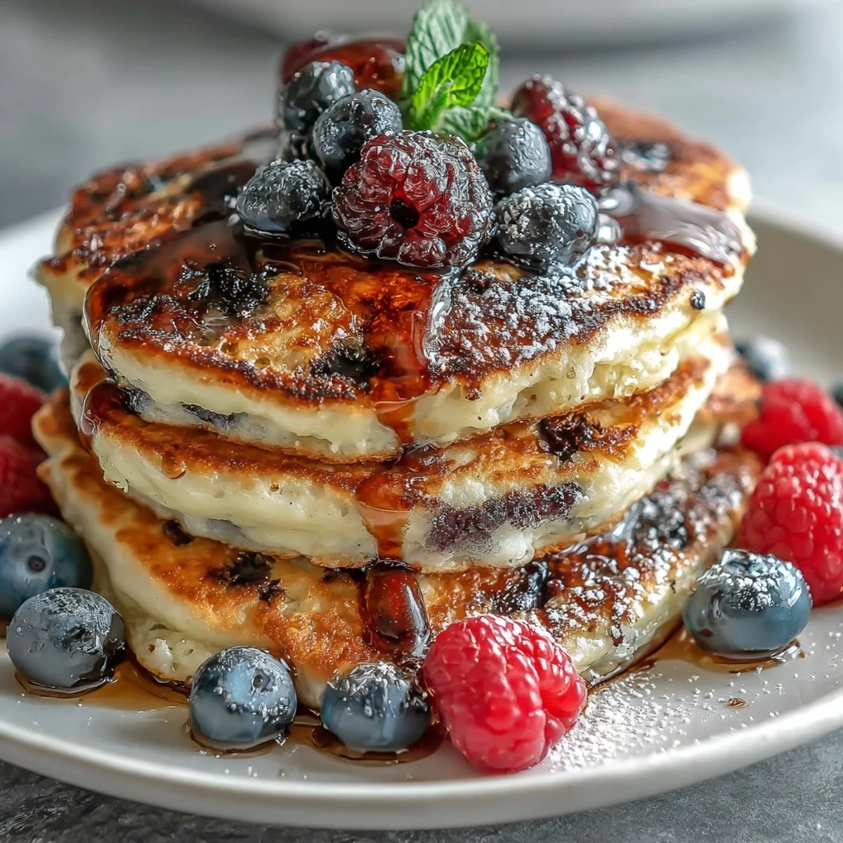 Wholesome cottage cheese and berry pancakes cooked to perfection, served warm with extra berries on top.