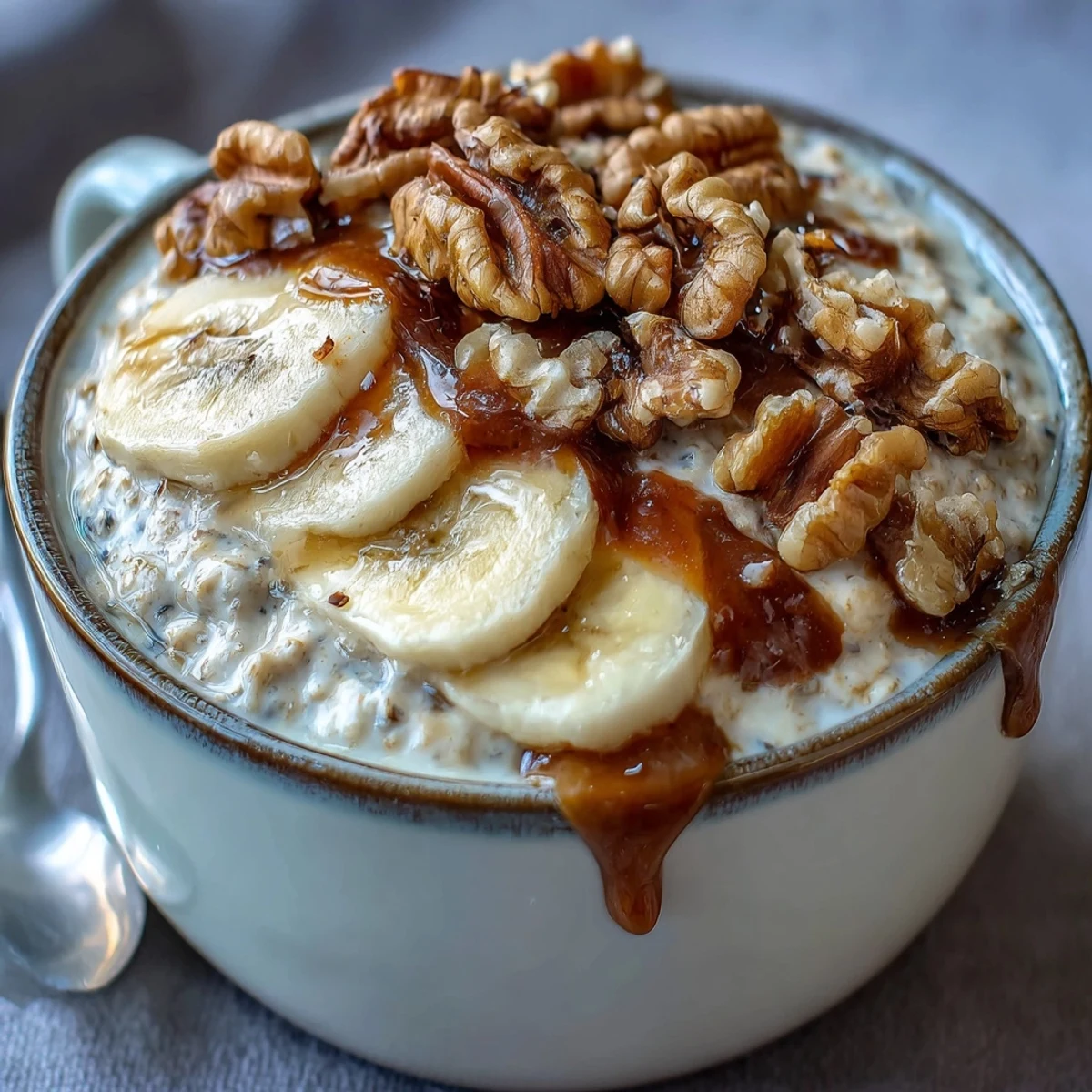 A jar of creamy banana bread overnight oats topped with crunchy walnuts and fresh banana slices, perfect for a wholesome breakfast.