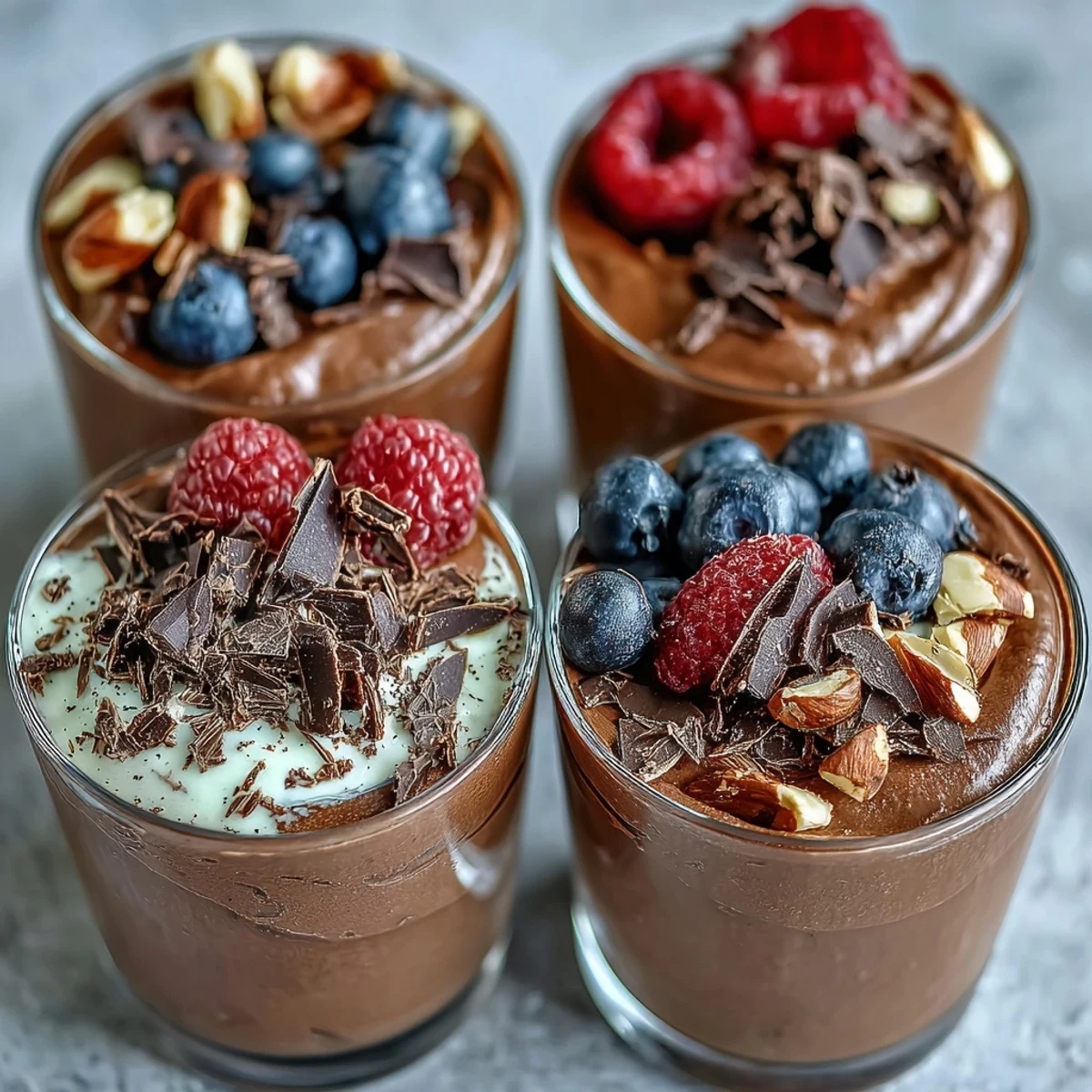 Silky smooth chocolate mousse made with cottage cheese and Greek yogurt, served in individual cups for an easy dessert.
