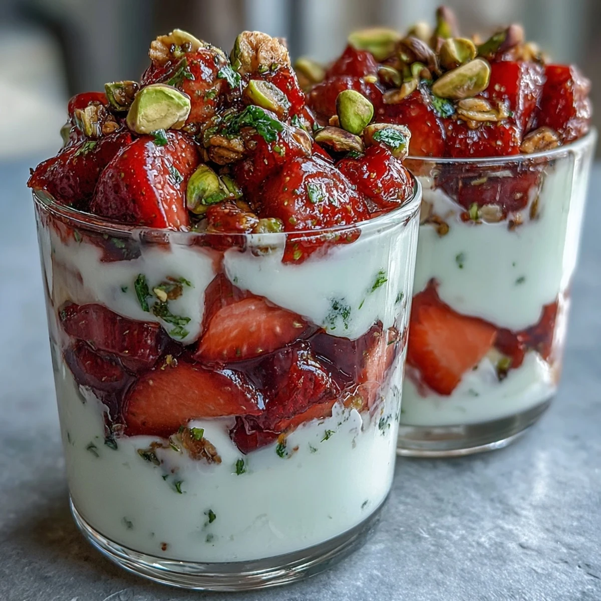 A vibrant pistachio and strawberry breakfast parfait with layers of creamy Greek yogurt and crunchy granola, topped with fresh berries.