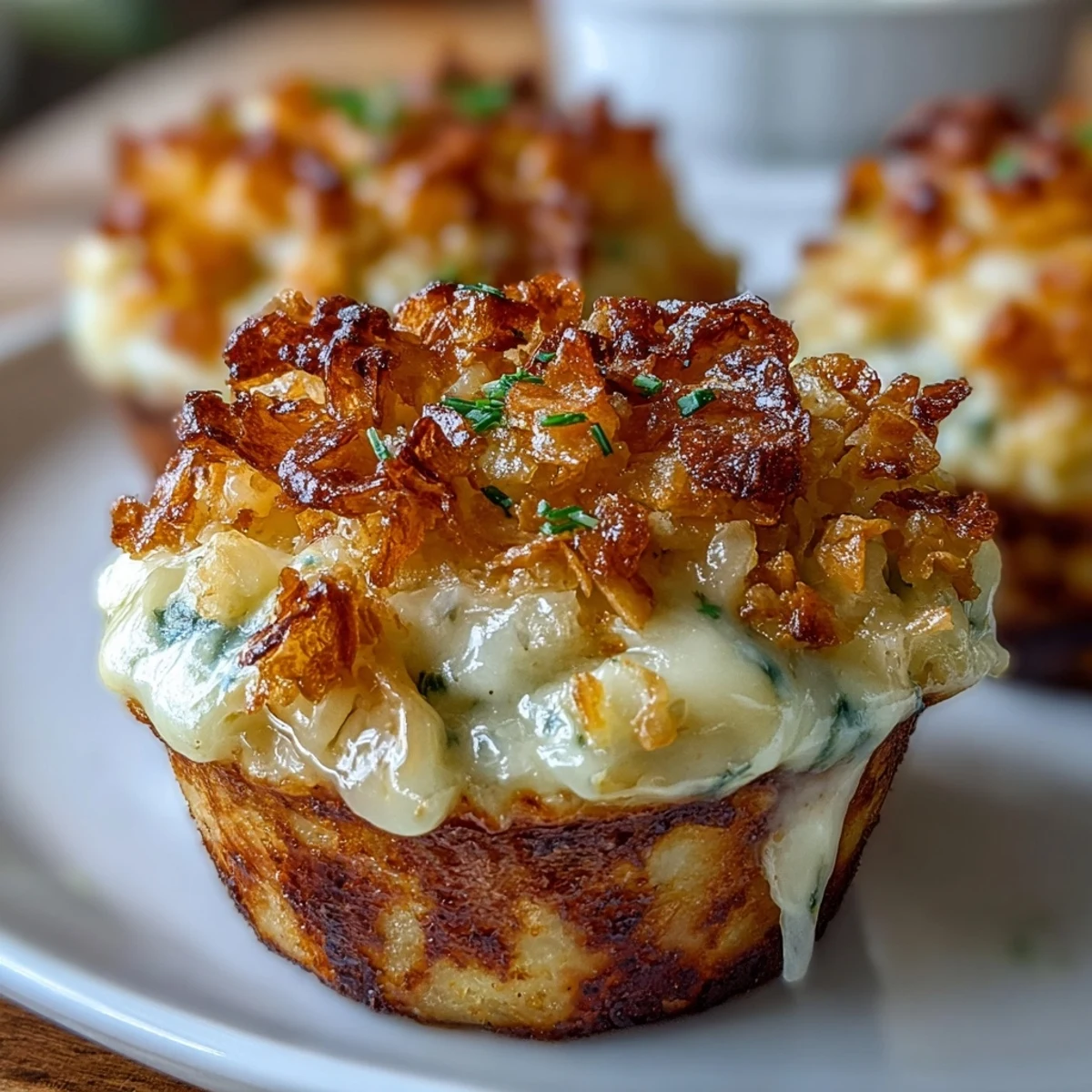Funeral potatoes muffin cups with golden cornflake topping and melted cheddar cheese in a muffin tin.