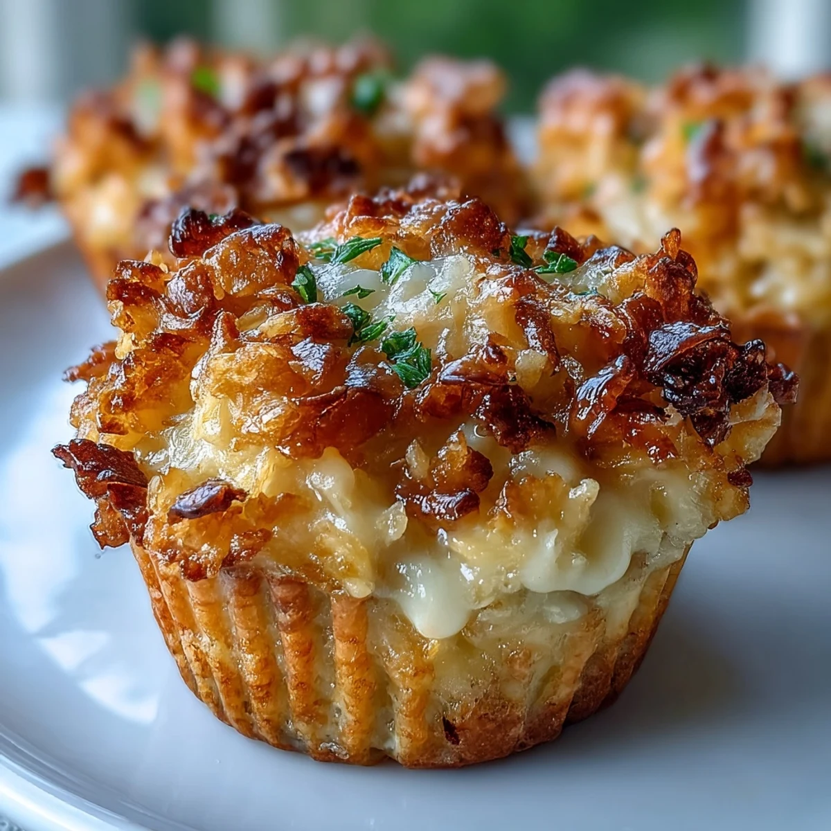 Warm funeral potatoes muffin cups served with fresh chives, perfect for brunch or potluck gatherings.