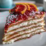 A plated slice of Blood Orange Curd Crêpe Cake topped with powdered sugar, blood orange zest, and vibrant edible flowers, ready to serve.
