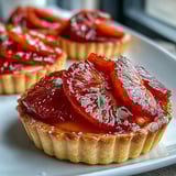 Six vibrant Blood Orange Tarts are plated near greenery, showcasing crisp pastry shells filled with pale yellow custard.