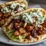 Sizzling marinated chicken thighs rest on fluffy pita alongside cool cucumber tzatziki and vibrant red tomatoes and onions.