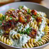 Vibrant Elote Pasta Salad with Cotija, chili, and lime, featuring charred corn and fresh cilantro in a creamy dressing.