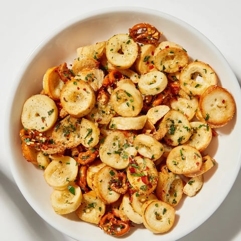 Crispy Air Fryer Bagel Chip Christmas Mix, a festive snack with golden, seasoned bagel chips and nuts.