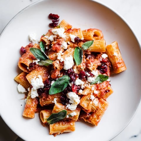 Golden, bubbly Cranberry-Sage Feta Pasta Bake, a savory baked pasta with tart cranberries and feta.