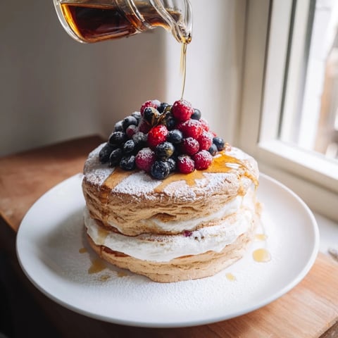 Golden-brown Egg White Gingerbread Matcha Soufflé Pancakes, fluffy inside, drizzled with maple syrup for a delicious brunch.