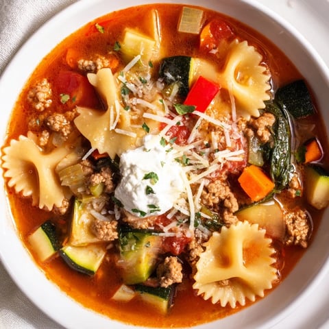 Healthy Lasagna Soup, a steaming bowl topped with melted mozzarella and fresh herbs.