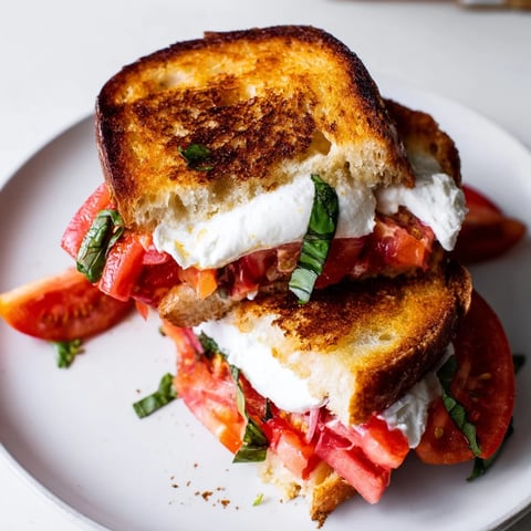 Golden, melted Tomato Basil Burrata Stuffed Grilled Cheese, oozing with creamy cheese and ripe tomato.