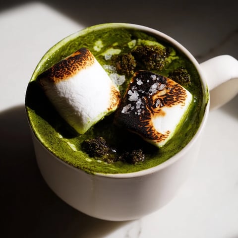 Smoky toasted marshmallows crown this Campfire Matcha Hot Cocoa, a beautiful, creamy winter drink.