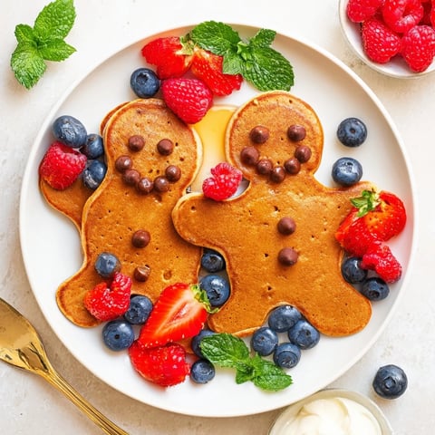 A delightful Gingerbread Boy Berry Board, featuring golden gingerbread pancakes and vibrant red berries.