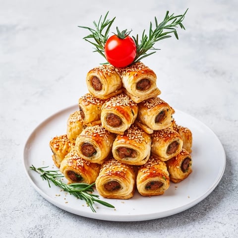 Golden, flaky mini sausage roll Christmas tree, perfect savory appetizer for holiday parties.