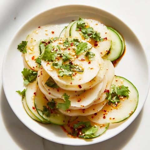 Crisp, layered Jicama and Cucumber Slice Stack, drizzled with zesty lime-chili dressing, perfect appetizer.