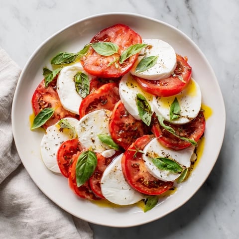 Sliced Tomatoes and Mozzarella Rounds arranged with fresh basil, ready for a delicious Italian appetizer.