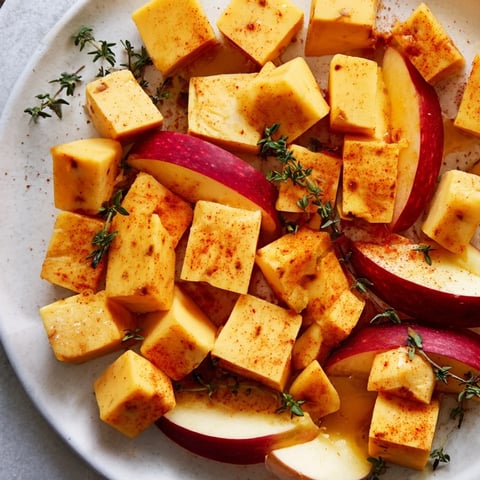 Vibrant The Autumn Ember appetizer: paprika-dusted cheeses paired with ruby-red apple wedges for a fall feast.