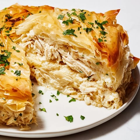 Golden-brown Chicken and Pasta Crinkle Cake shows a satisfyingly layered, savory masterpiece ready to serve.