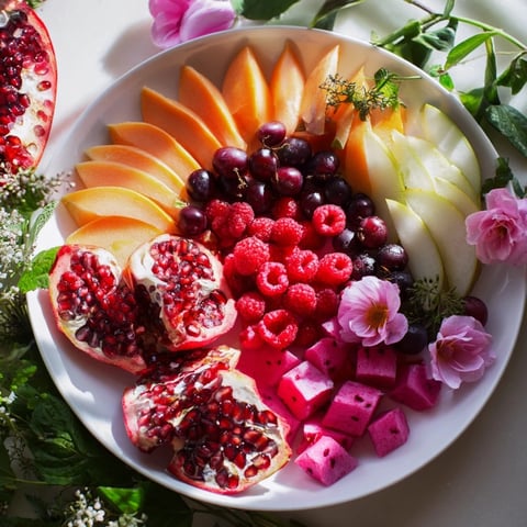 A colorful Pomegranate Pivot fruit platter, showcasing ruby-red pomegranate centered with layered, vibrant fruits.