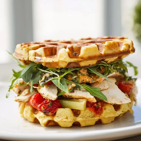Fluffy stuffing waffles hold grilled chicken and Caesar salad, creating a delicious Chicken Caesar Waffle Sandwich.