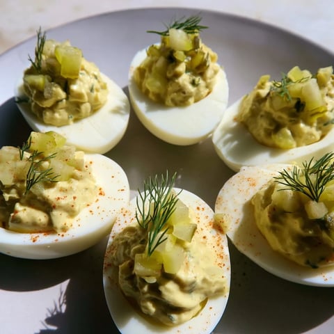Beautifully arranged Dill Pickle Deviled Eggs, creamy filling topped with extra dill and paprika.